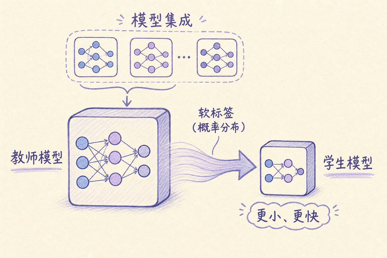 知识蒸馏的核心原理：教师模型的知识通过软标签传递给学生模型