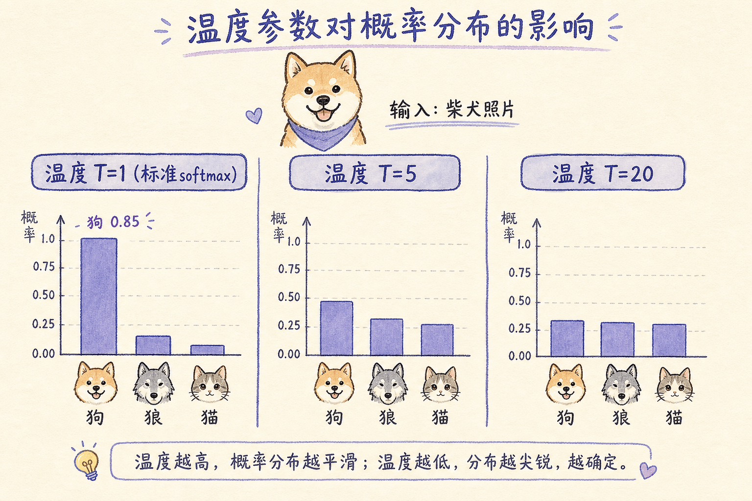 温度参数对概率分布的影响：温度越高，分布越平缓